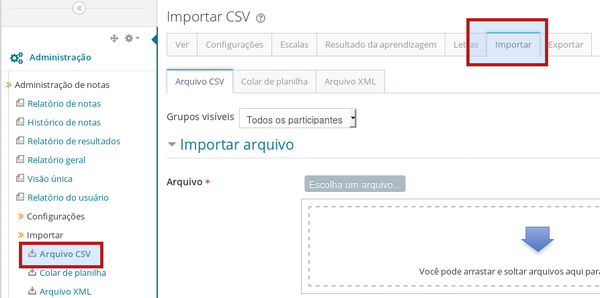 Importação no quadro de notas de uma planilha CSV (separada por vírgulas)