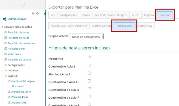 Configuração dos dados a serem exportados para uma planilha